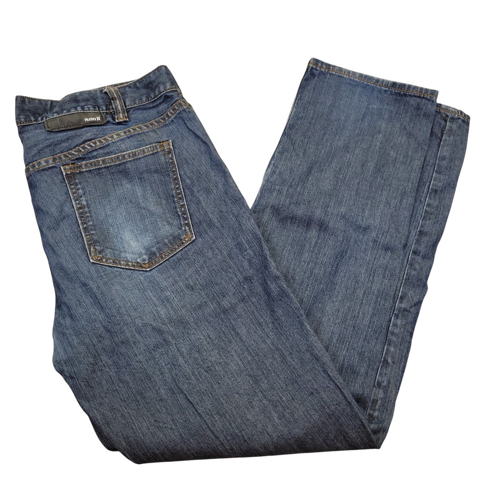 Hurley Mens 84 Slim Fit Straight Leg Blue Jeans Size 36x32 Skater Damaged